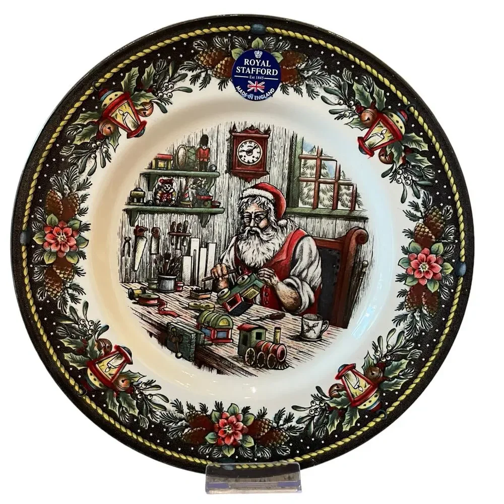 Royal Stafford SANTA'S WORKSHOP 11in Dinner Plate Set of 4 Holiday Porcelain New